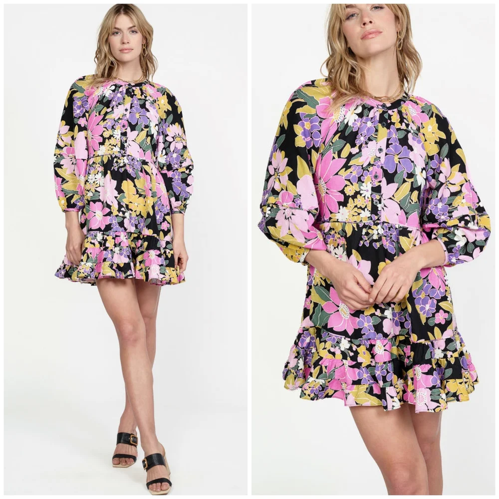 CURRENT AIR Pink and Purple Mini Dress with Bishop Sleeves - Picture 2 of 4
